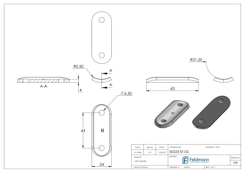 Handlaufanschlussplatte S235JR, Rohranschluss Ø 42,4mm