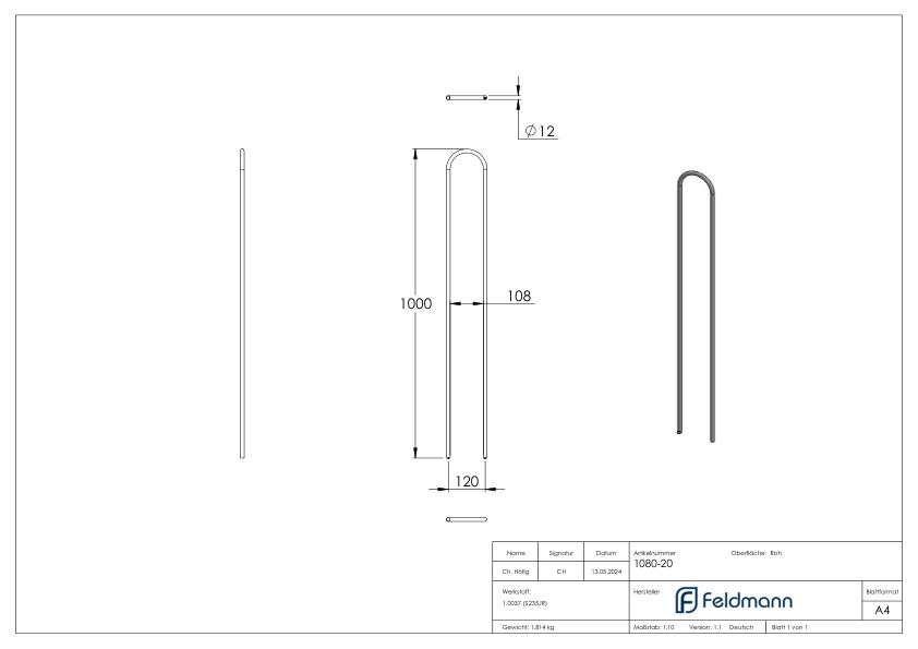 U-Bügel Ø 12mm, H: 1000mm, Mitte-Mitte 120mm