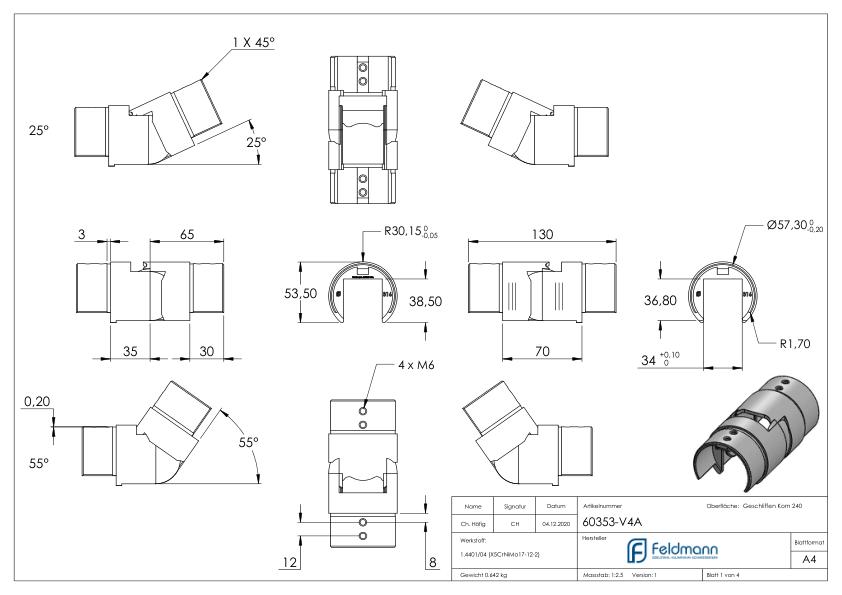 Verbinder flexibel für Nutrohr 60,3mm, V4A