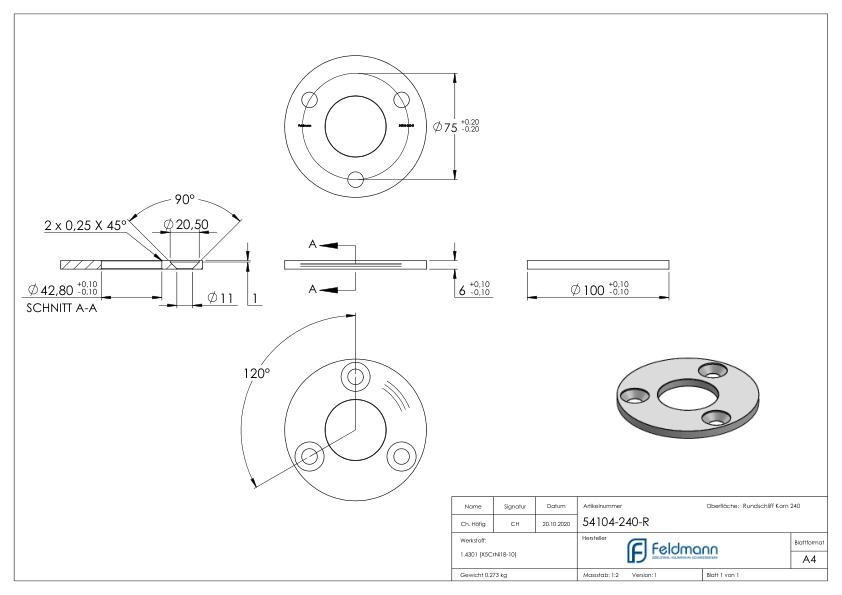 Ankerplatte Ø 100x6mm, mit Rundschliff, V2A