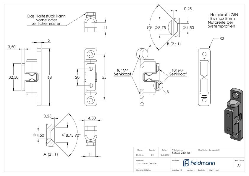 Kugelschnäpper mit Haltekraft 75N, V2A Kugelschnäpper mit Haltekraft 75N, V2A