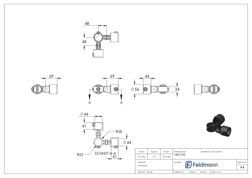 Gelenkstück, 90°, für Rohr Ø 42,4mm