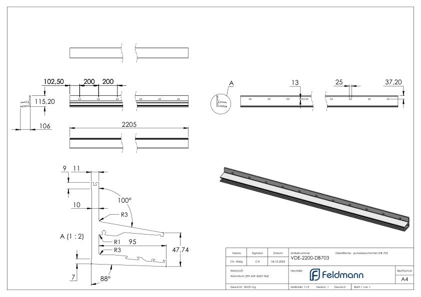 Vordachprofil eleganza canopy, L: 2205mm, DB703