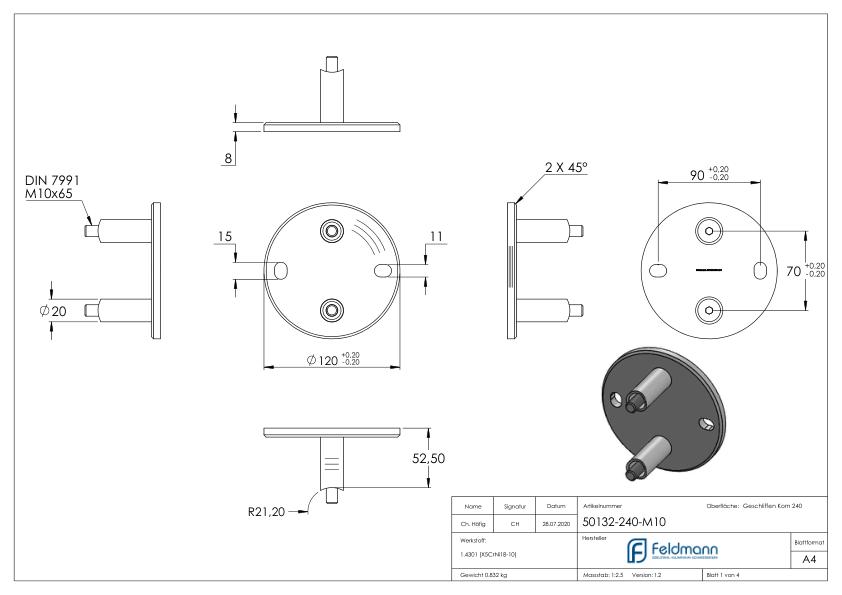 Wandbefestigung für Geländerpfosten 42,4mm, V2A