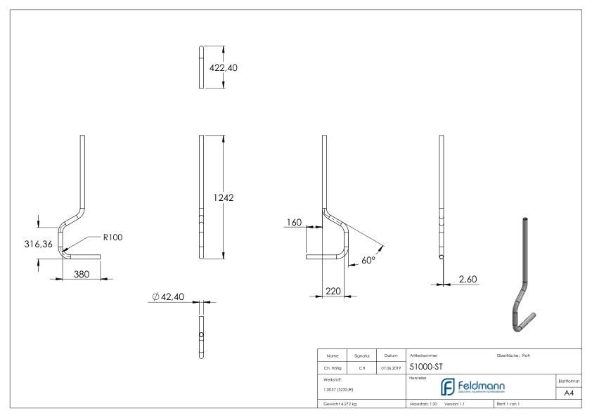 Pfosten gebogen aus Rundrohr 42,4 x 2,5mm, S235