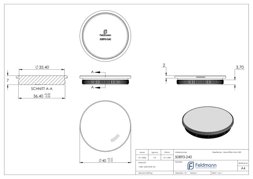 Rohrabschlussstopfen, für Rohr 40,0x2,0mm, V2A