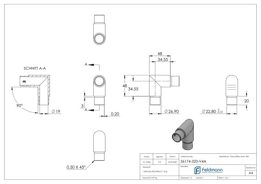Eckstück 90°, für Rohr 26,9x2,0mm, V4A