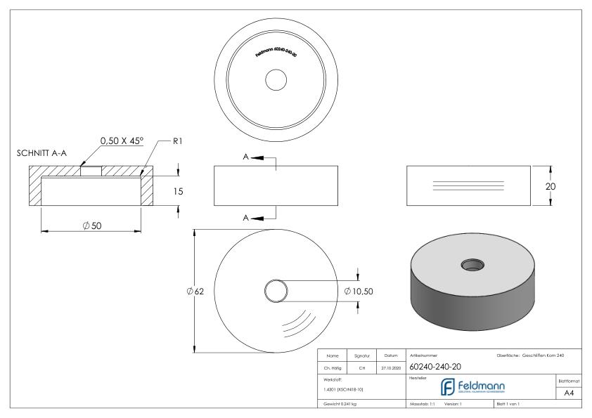 Unterteil für 62mm Glaspunkthalter, t: 20mm, V2A Unterteil für 62mm Glaspunkthalter, t: 20mm, V2A
