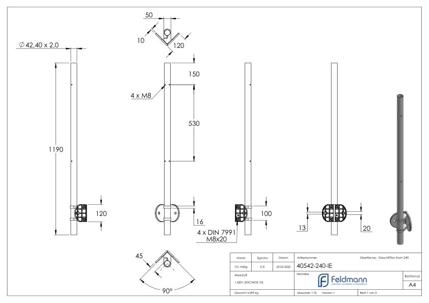 Edelstahlpfosten V2A zur Wandmontage für 90° Inneneck, H: 1190mm