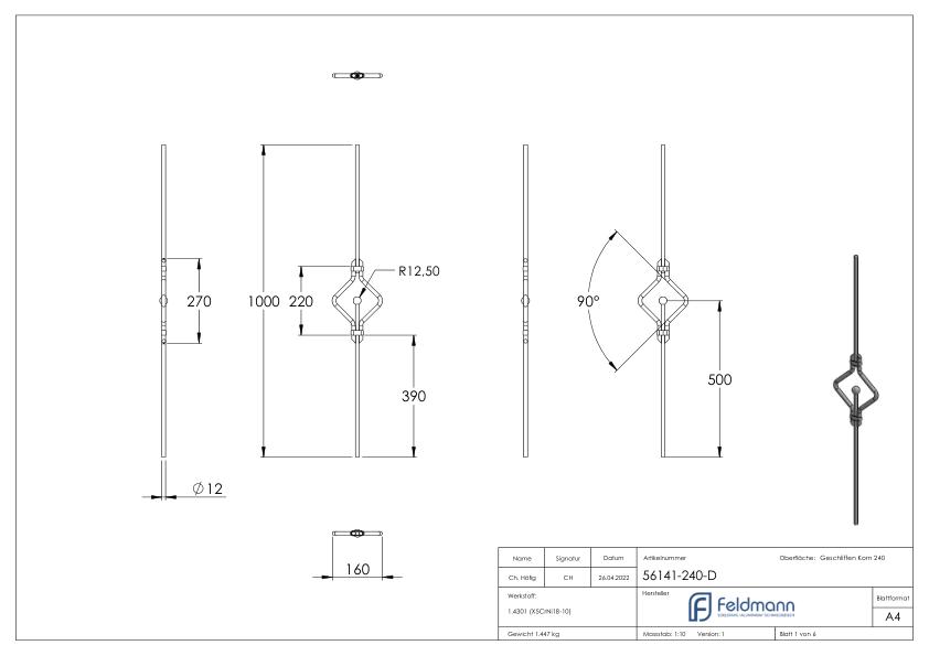 Zierstab aus Ø 12mm, doppelt, H: 1000mm, V2A