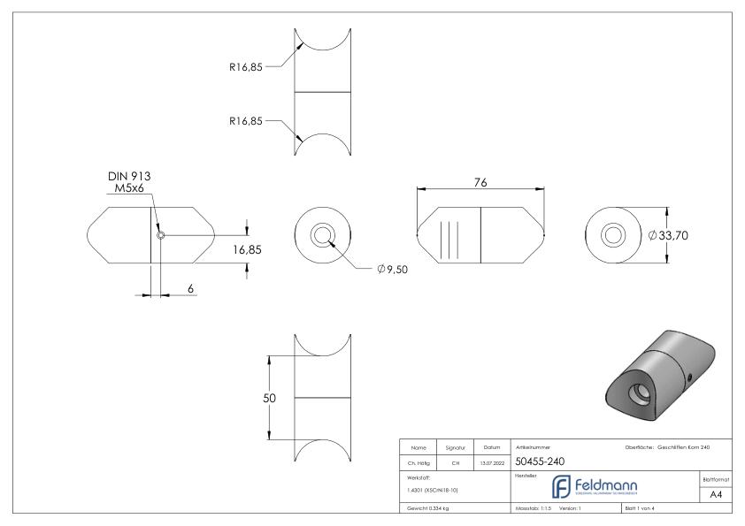 Rohrverbindungsstück von 33,7 / 33,7mm, V2A