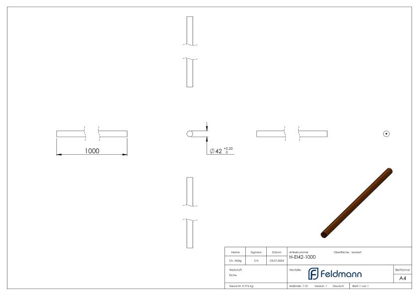 Holzhandlauf Eiche, Ø 42,4mm, L: 1m