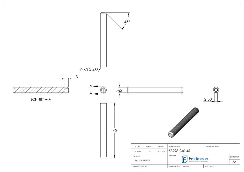 Gewindestift M5x45, V2A, DIN 913 / ISO 4026 Gewindestift M5x45, V2A, DIN 913 / ISO 4026