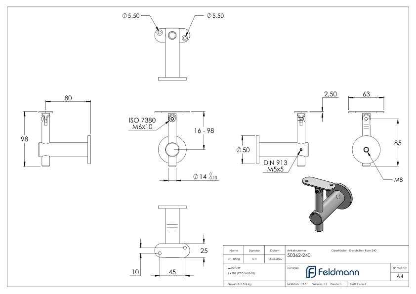 Handlaufhalter mit Gelenk, Handlaufanschlussplatte flach, V2A