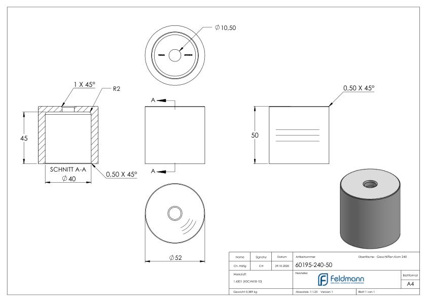 Unterteil Ø 52 mm, mit Durchgangsbohrung , t: 50mm, V2A Unterteil Ø 52 mm, mit Durchgangsbohrung , t: 50mm, V2A