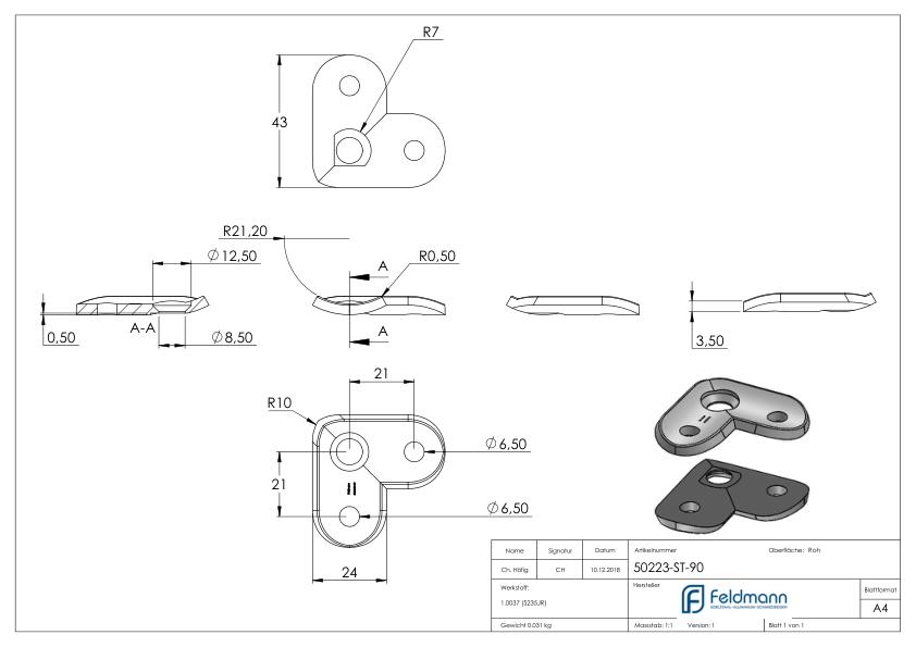 Handlaufanschlussplatte S235JR, Rohranschluss Ø 42,4mm, 90°