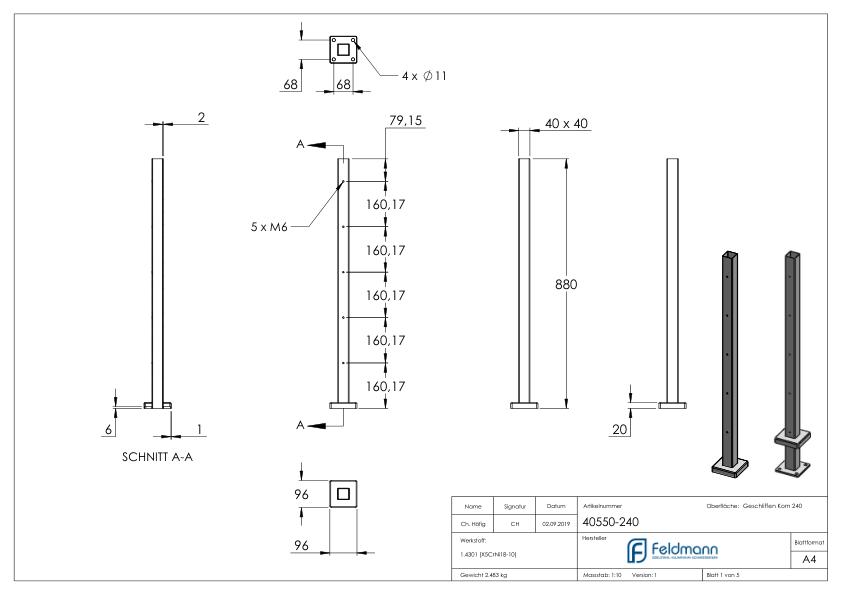Edelstahlpfosten V2A zur Bodenmontage, H: 880mm