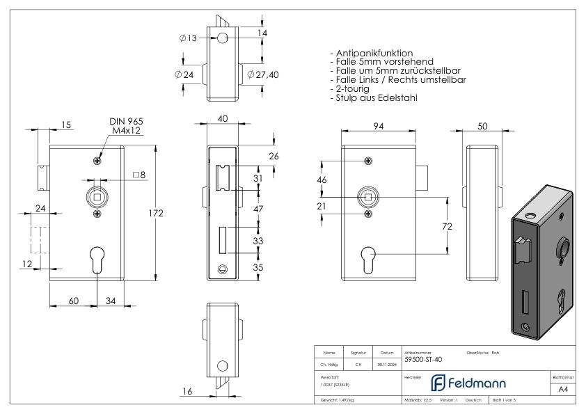 Anti-Panikschloss mit Schlosskasten 40 x 94 x 172mm, mit Wechselfunktion E, DIN R & L