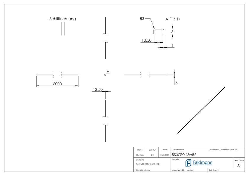Kantenschutz EXTRA SLIM, für Glas 8,00 - 9,52mm, L: 6000mm, Edelstahl V4A