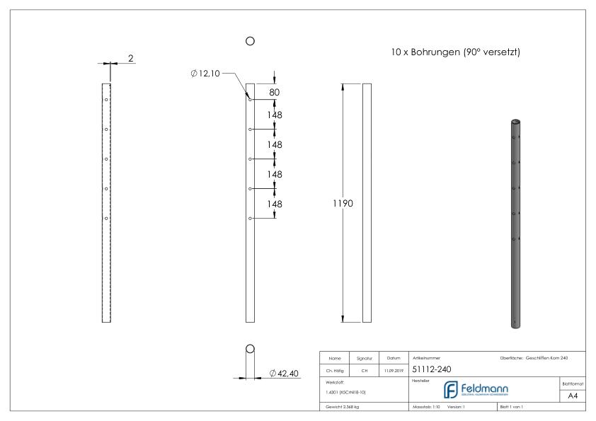 Edelstahlpfosten aus Rohr 42,4mmx2,0mm, V2A
