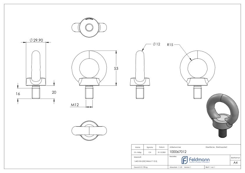 Ringschraube mit Außengewinde DIN 580, Rundeisen: 12mm, V4A
