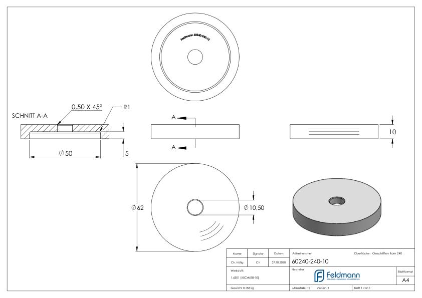 Unterteil für 62mm Glaspunkthalter, t: 10mm, V2A Unterteil für 62mm Glaspunkthalter, t: 10mm, V2A
