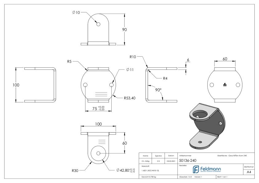 Wandbefestigung für Geländerpfosten 42,4mm, V2A