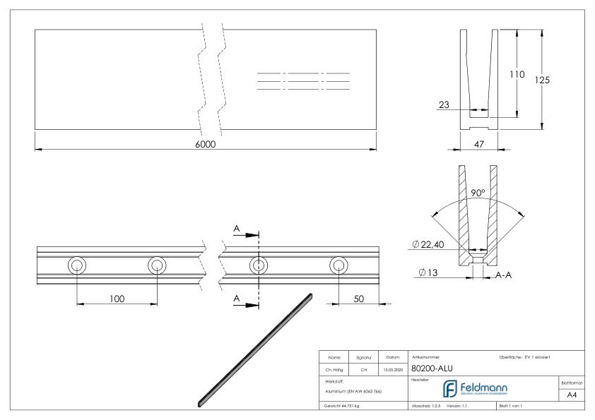 Alu-Profil ELEGANZA STRONG aufgesetzte Montage, L: 6000mm