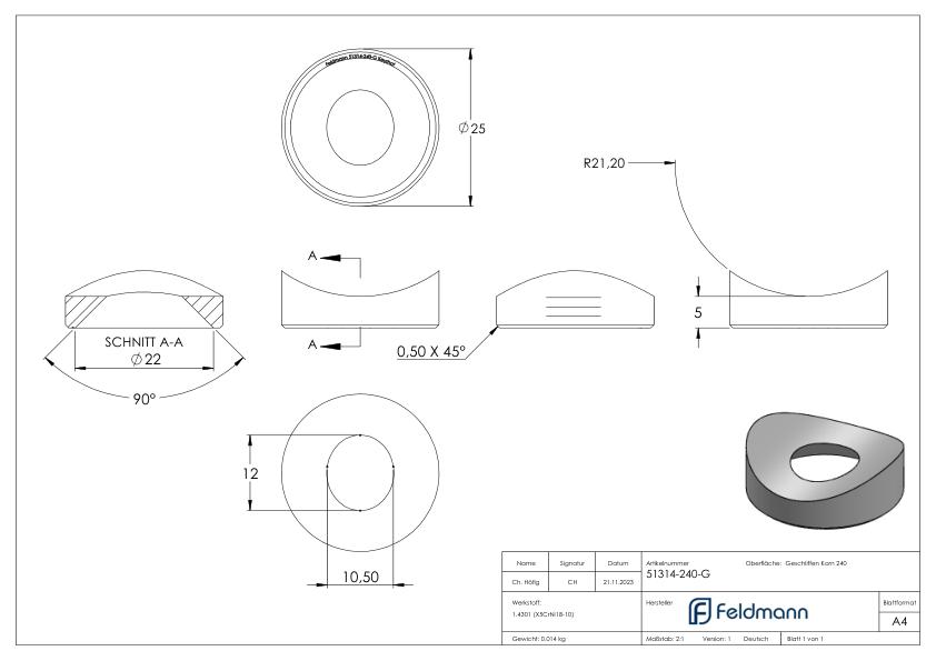 Ausgleichsstück (mit Senkung) für Rohr 42,4mm, Ø 25mm, V2A