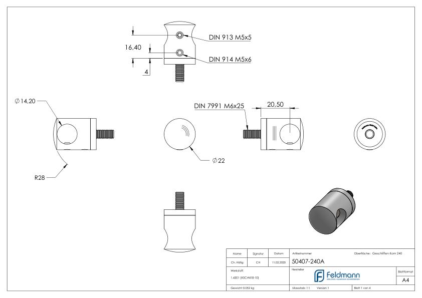 Querstabhalter für geraden Anschluss, 14,2mm Bohrung, V2A