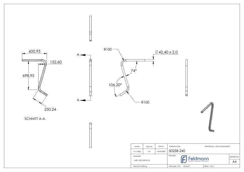 Schwanenhals-Anfänger, aus Rohr 42,4x2,0mm, V2A