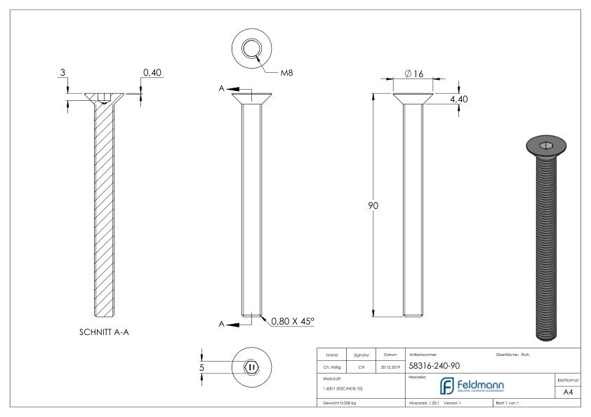 Senkkopfschraube M8x90, V2A, ISO 10642