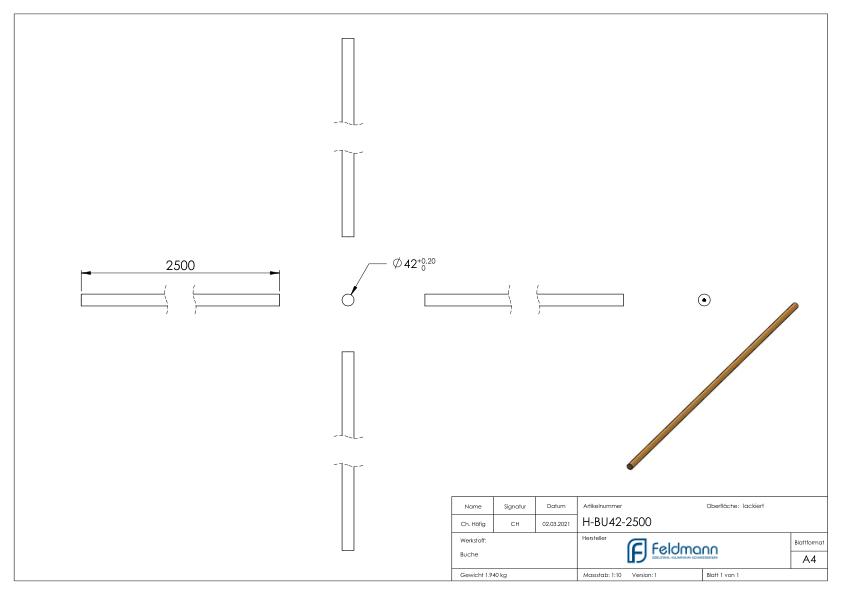 Holzhandlauf Buche, Ø42,4mm, L: 2500mm