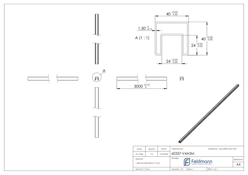 Quadratnutrohr, 40x40x1,5 mm, L: 3000mm, V4A