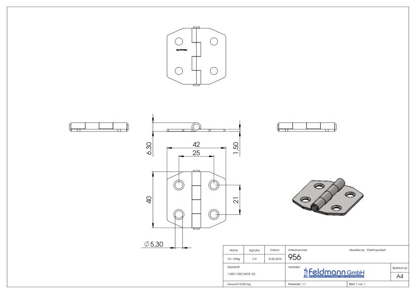Edelstahl-Scharnier 40x42mm mit festem Zapfen