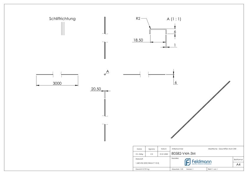 Kantenschutz EXTRA SLIM, für Glas 16,00 - 17,52mm, L: 3000mm, Edelstahl V4A