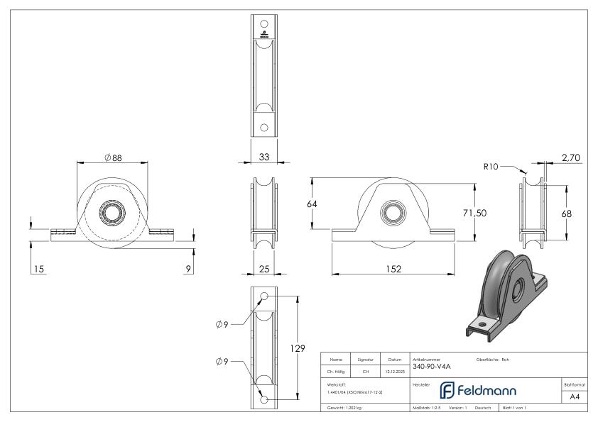 Schiebetorrolle Ø 90mm mit Rundrille Ø 20mm, V4A Schiebetorrolle Ø 90mm mit Rundrille Ø 20mm, V4A