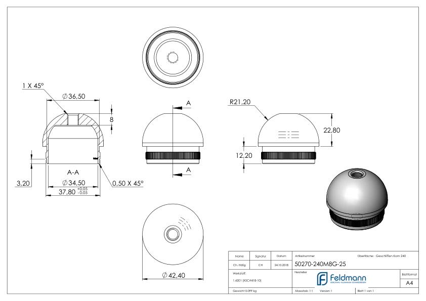 Rohrabschlussstopfen mit M8, für Rohr 42,4x2,5mm, V2A