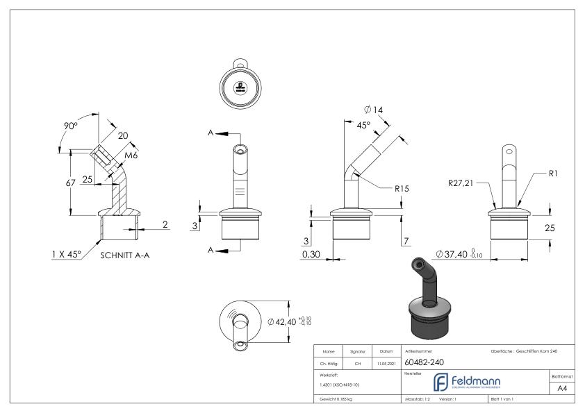 Rohrabschlussstopfen mit Stift 135°, für Rohr 42,4x2,5mm, V2A