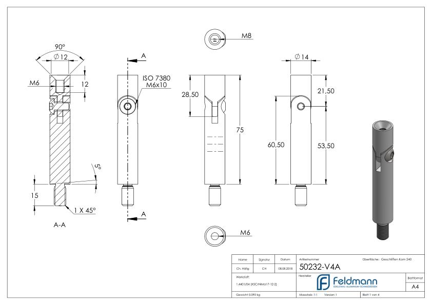 Gelenkstift Ø 14mm, L: 76mm, V4A