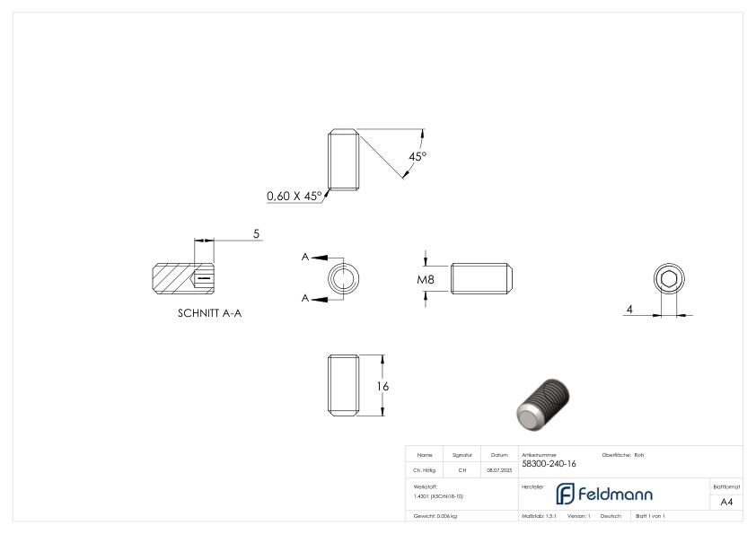 Gewindestift M8x16, V2A, DIN 913 / ISO 4026