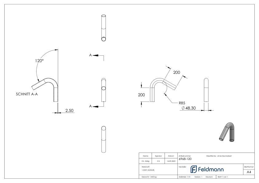 Stahl-Rohr-Bogen 120°, 48,3x2,5mm