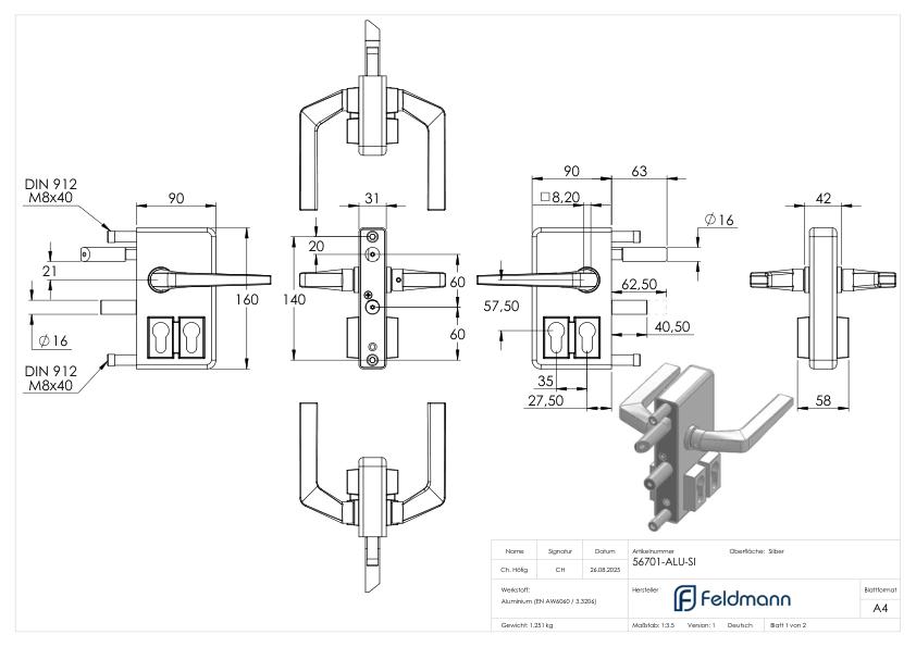 Gittertorschloss GTS 2 mit Doppelzylinder für Rohrstärke 40-60mm, Gehäuse silber