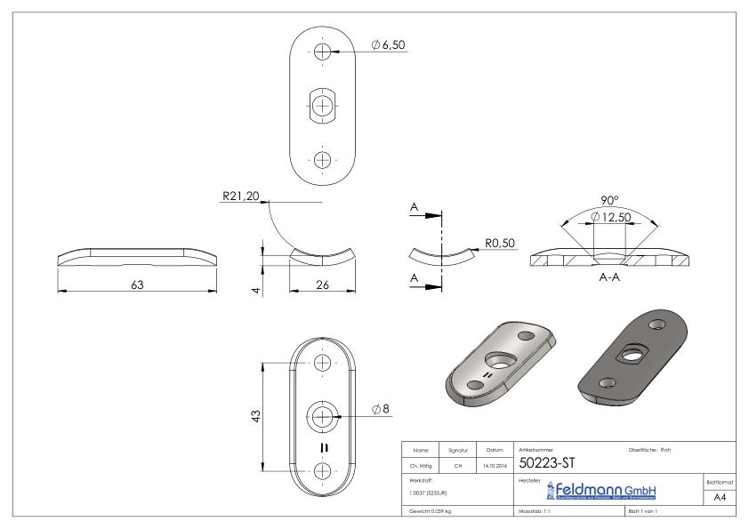 Handlaufanschlussplatte S235JR, Rohranschluss Ø 42,4 - 48,3mm