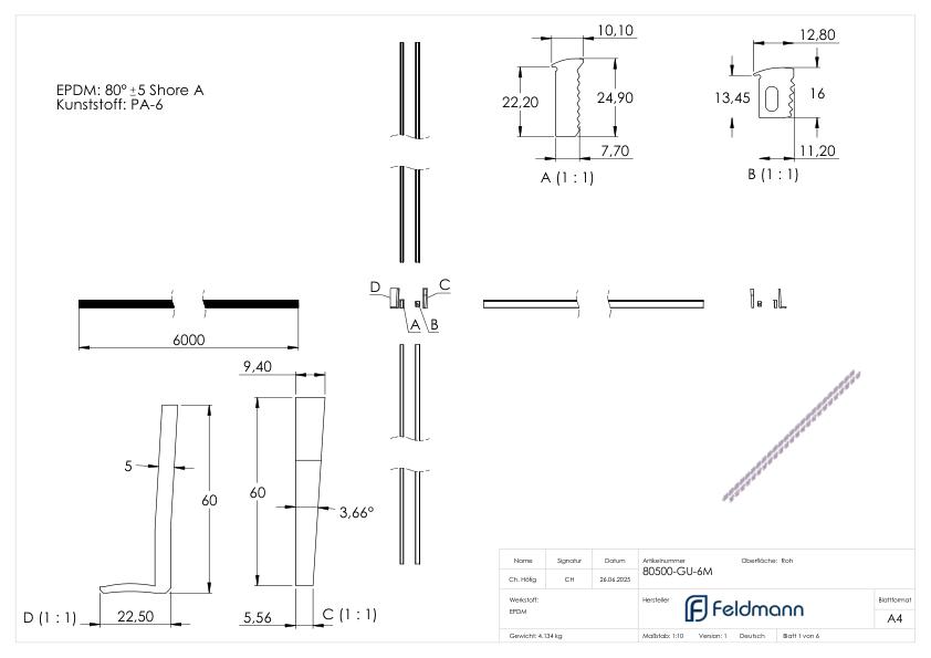 Montageset für 6m Aluprofil für Glas 12,76 - 13,52mm