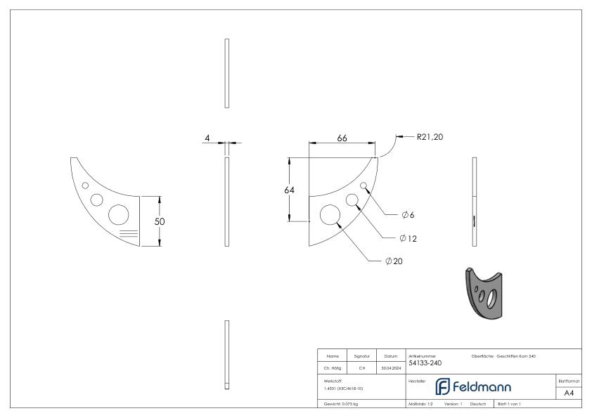 Handlaufschwert, 4mm stark, V2A