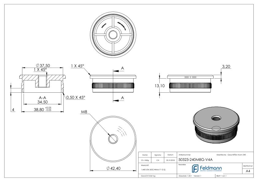 Rohrabschlussstopfen, für Rohr 42,4x2,0mm, V4A