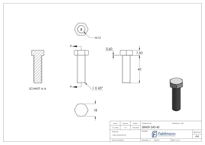 Sechskantschraube M12x40, V2A, DIN 933