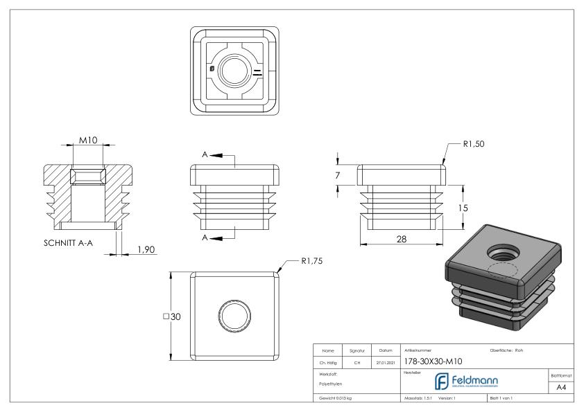 Kunststoffkappe für Quadratrohr 30x30mm mit M10