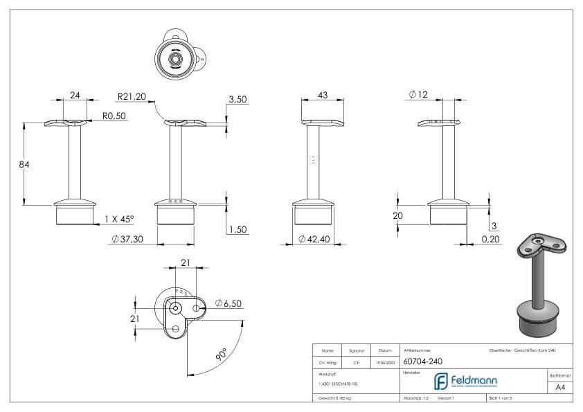 Rohrabschlussstopfen für Rohr 42,4x2,0mm, Haltepl. 42,4mm 90°, V2A